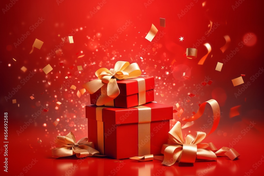 A Red Gift Box with Presents, Set Against a Festive Red Background, Generative AI A Red Gift Box with Presents, Set Against a Festive Red Background, Generative AI
