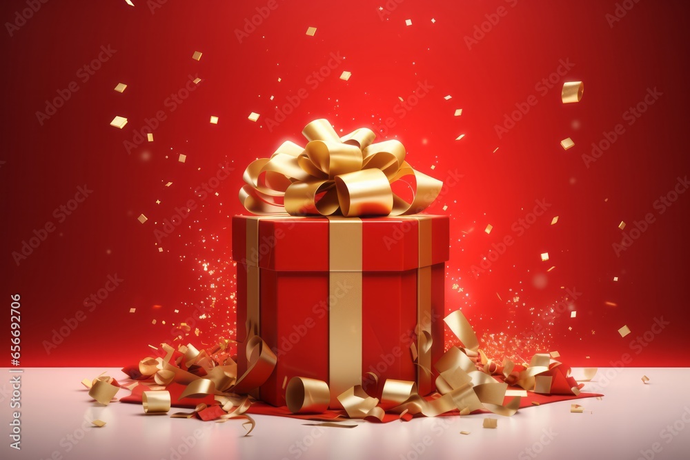 A Red Gift Box with Presents, Set Against a Festive Red Background, Generative AI A Red Gift Box with Presents, Set Against a Festive Red Background, Generative AI
