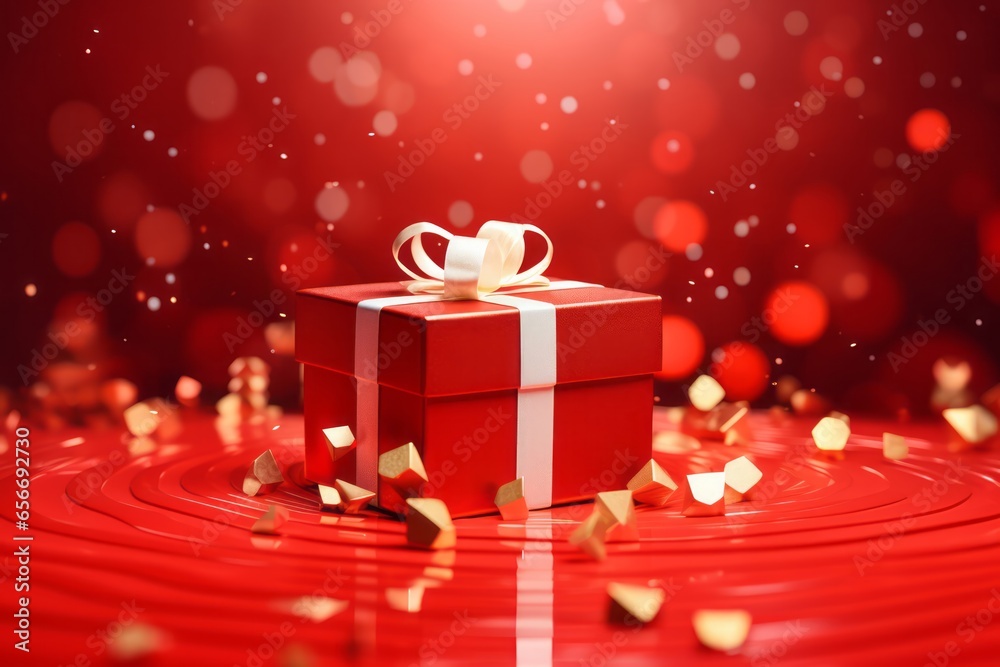 A Red Gift Box with Presents, Set Against a Festive Red Background, Generative AI A Red Gift Box with Presents, Set Against a Festive Red Background, Generative AI