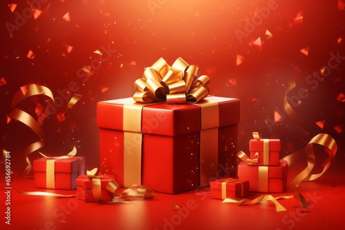 A Red Gift Box with Presents, Set Against a Festive Red Background, Generative AI © Phanida