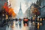 oil painting style illustration of a city street on a rainy autumn evening