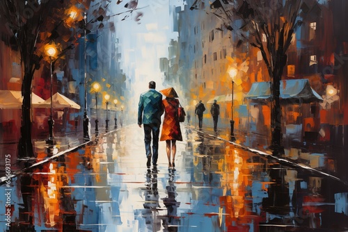 oil painting style illustration of a couple walking along a city street on a rainy autumn evening