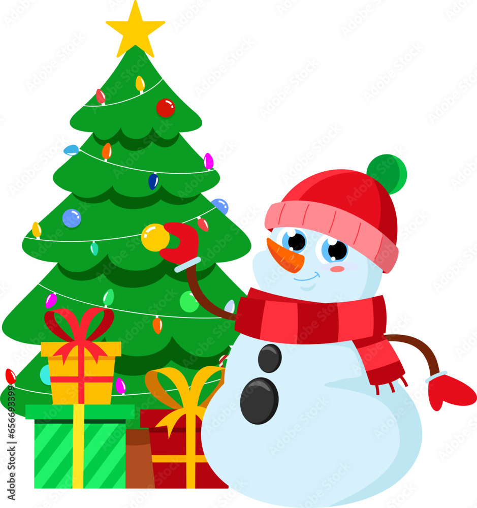 Cute Snowman Cartoon Character Decorates The Christmas Tree. Vector Illustration Flat Design Isolated On Transparent Background