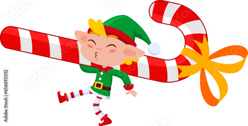 Cute Christmas Elf Cartoon Character Walking With Big Candy Cane Gift . Vector Illustration Flat Design Isolated On Transparent Background