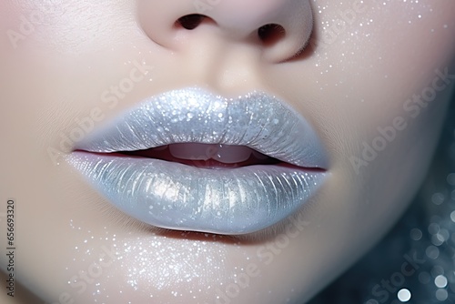 closeup of woman s lips with silver lipstick with glitter  creative winter makeup