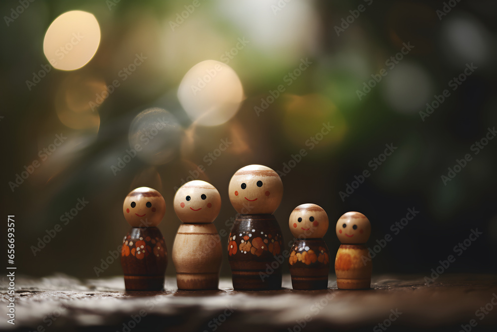Miniature family standing in front of glass bottles with colorful lights Miniature family standing in front of glass bottles with colorful lights