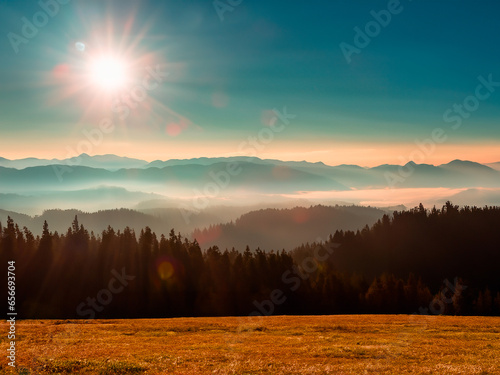Colorful autumn sunrise in the mountains. Misty morning in the forest.