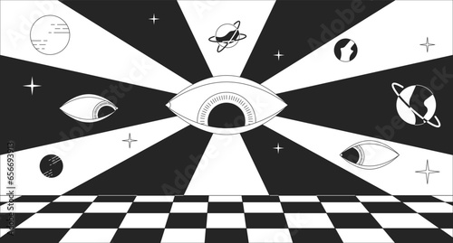 Groovy psychedelic world black and white 2D illustration concept. 70s retro watching over eyes trippy outline cartoon scene background. Rave surreal. Dream hallucination metaphor monochrome vector art