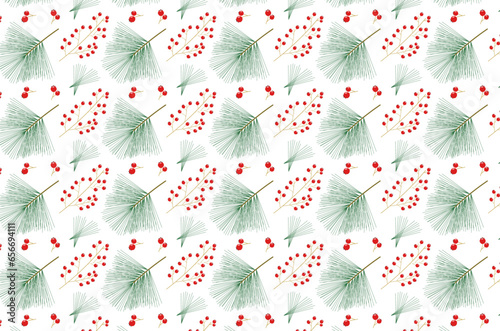 Pattern of pine tree leaves and red fruits on white background. 
