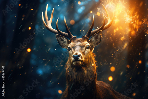 Magical fantasy background with a beautiful deer against the backdrop of a magical forest, golden bokeh, beautiful lighting.Digital photography. © syhin_stas