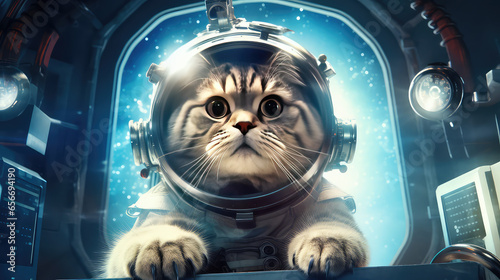 Cute cat austronaut in the space ship photo