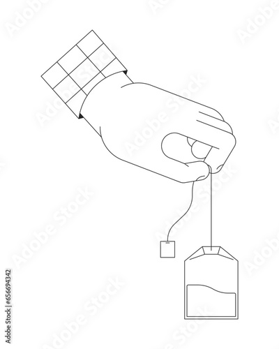 Steeping teabag cartoon human hand outline illustration. Holding tea bag 2D isolated black and white vector image. Brewing drink. Putting teabag in. Dunking tea bag flat monochromatic drawing clip art