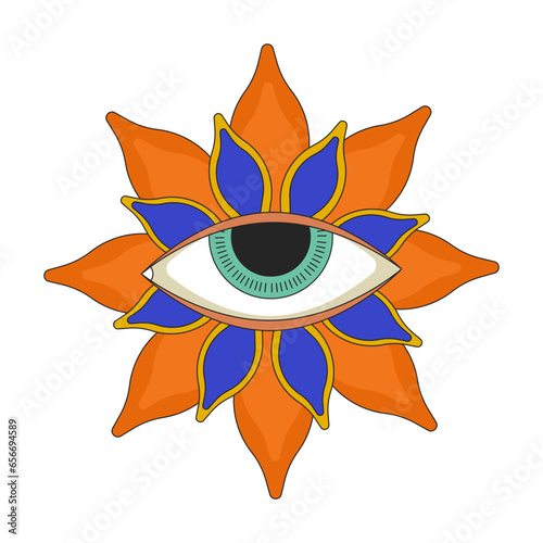 Esoteric eyeball flower 2D linear cartoon object. Spirituality. Blossom mysterious imagination isolated line vector element white background. Fantasy hallucination color flat spot illustration