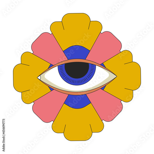 Flowering plant with eyeball 2D linear cartoon object. Enigmatic flower. Blossom spiritual imagination isolated line vector element white background. Fantasy hallucination color flat spot illustration
