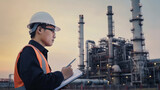 Engineering standing in front of oil refinery building structure in industry