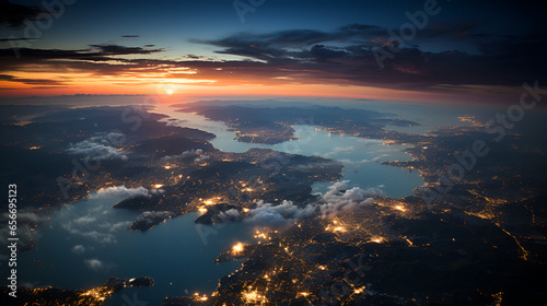 Photo from the height of an airplane with a view of the islands at night with artificial lighting