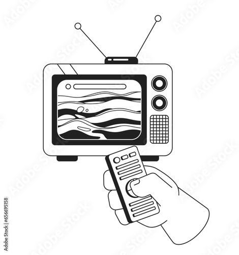 Ocean waves on retro tv screen black and white 2D illustration concept. Changing channel isolated cartoon outline character hand. Surreal dreamy seascape television metaphor monochrome vector art