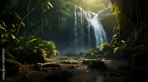 Panorama of a beautiful waterfall in a tropical forest. Panoramic image.