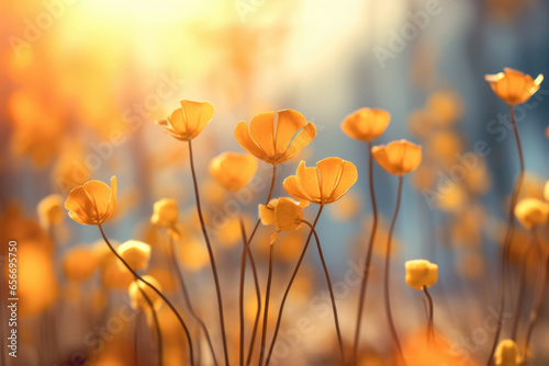 Yellow wildflowers, Autumn season abstract floral soft focus background with bokeh