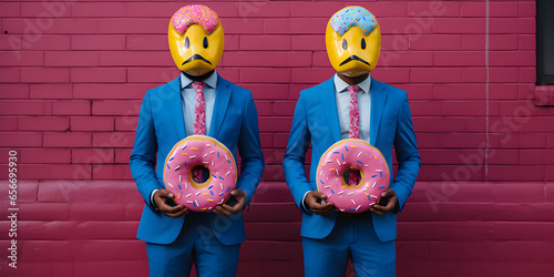 Dapper Duckhead Delights: Two Men in Suits, Duck Head Masks, Holding Donuts
Ideal for Adding Playful Elegance and Whimsy to Formal Occasions, Creative Events, or Themed Celebrations photo