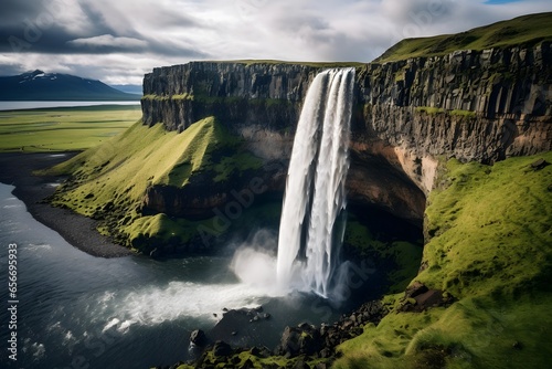 Seljalandsfoss waterfall in Iceland, panoramic view