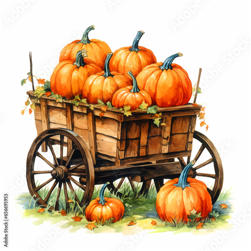 Wooden cart filled with pumpkins watercolor paint
