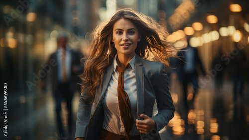 Blurred motion of Energetic business woman is running with carrying a briefcase to a business meeting. Competition concept.generative ai