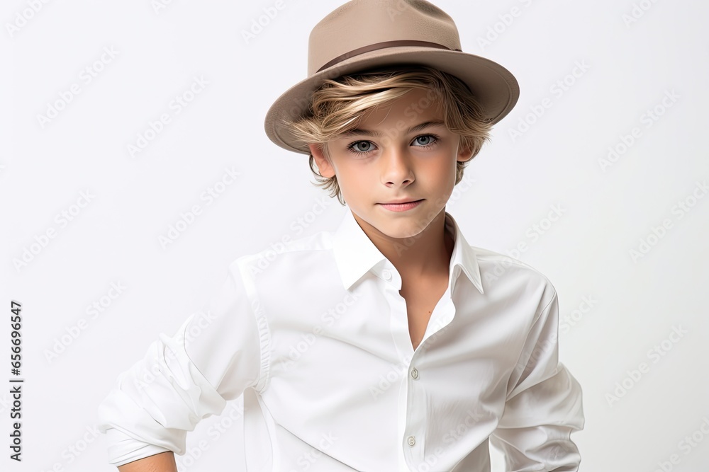 A cute and fashionable young Caucasian boy wearing a stylish hat in a studio portrait, exuding youthful charm. A cute and fashionable young Caucasian boy wearing a stylish hat in a studio portrait, exuding youthful charm.