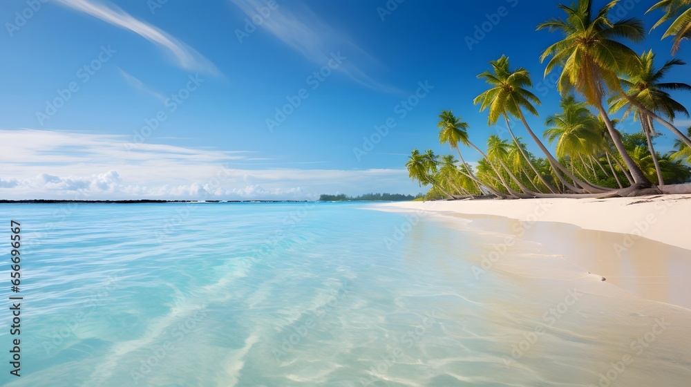 Panoramic view of a beautiful tropical beach with coconut palm trees