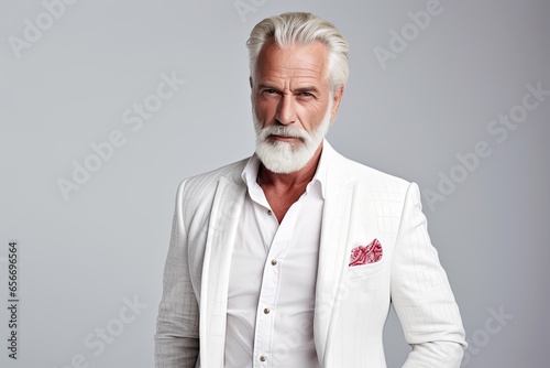A serious and thoughtful senior Caucasian businessman with a grey beard and hair, dressed in a formal suit, stands confidently in a studio portrait © Andrii Zastrozhnov