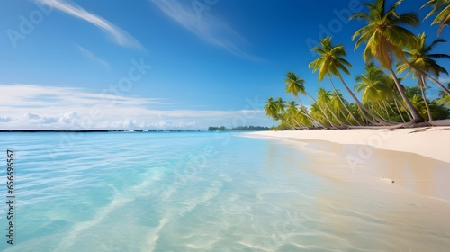 Panoramic view of a beautiful tropical beach with coconut palm trees © Iman