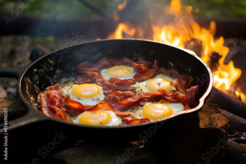 Camping outdoors breakfast, roasted bacon and eggs in iron pan in a fire