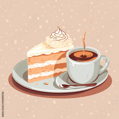 Cup of a hot coffee with a tasty delicious peace of a bithday cake. Sweet bakery and hot beverage. Yummy pie. Isolated vector in cartoon style