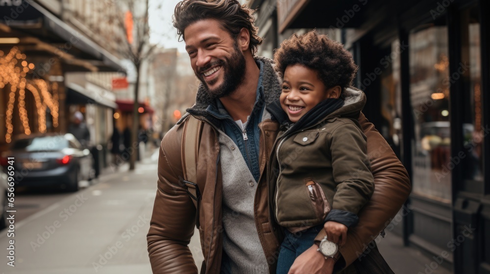 A modern man, confident and strong, takes care of his children and family. A father with a child in his arms against the backdrop of city streets.