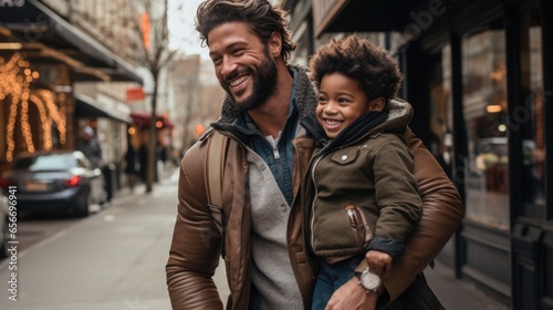 A modern man, confident and strong, takes care of his children and family. A father with a child in his arms against the backdrop of city streets.