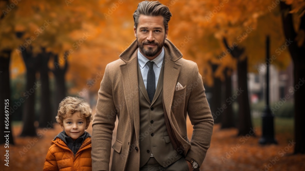 A modern man, confident and strong, takes care of his children and family. A father with a child in his arms against the backdrop of city streets. A modern man, confident and strong, takes care of his children and family. A father with a child in his arms against the backdrop of city streets.