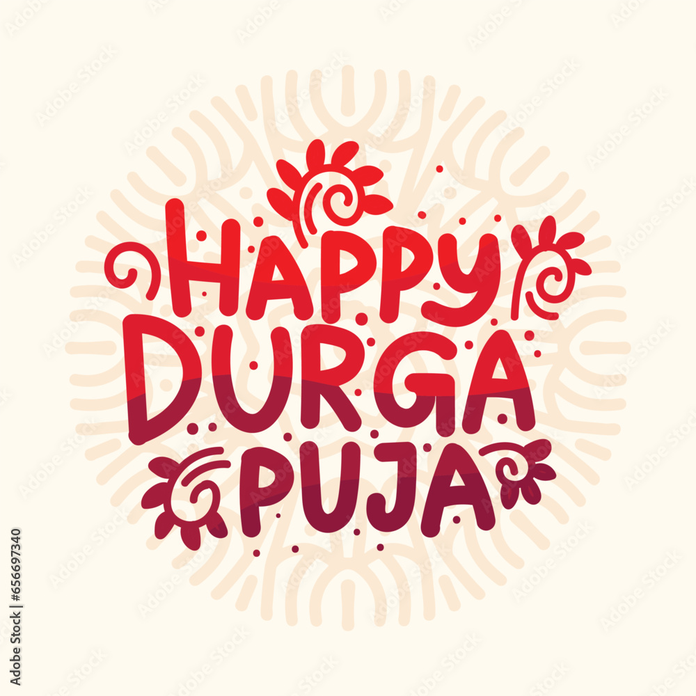 Colorful typography illustration for Indian annual festival Durga Puja. Vector Hand drawn lettering template, poster, banner, greeting card with decorative mandala. Puja celebration typography 