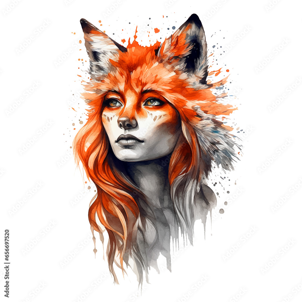  Half girl, half fox watercolor paint