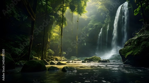 Panoramic view of the waterfall in the jungle. Long exposure