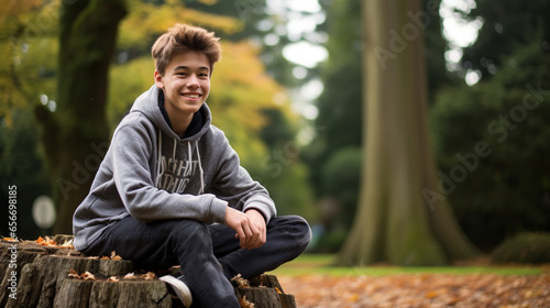 秋の公園で丸太に腰掛け一休みする男の子のポートレート