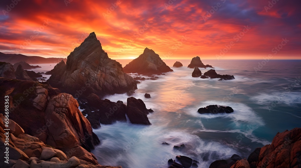 Panoramic view of a rocky beach at sunset in Cornwall, UK