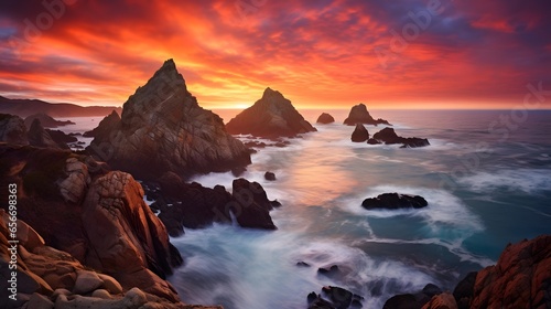 Panoramic view of a rocky beach at sunset in Cornwall, UK