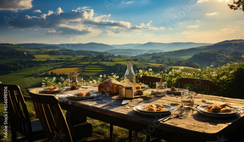 Fototapeta Naklejka Na Ścianę i Meble -  A wooden table topped with plates of food. Delicious spread of food on a rustic wooden table