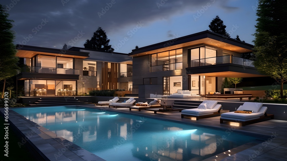 Panoramic view of luxury modern house with swimming pool at night