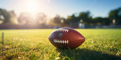 American football ball on grass field with blue sky and clouds in background