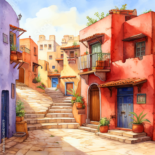 Fototapeta Naklejka Na Ścianę i Meble -  Mexican pueblo watercolor paint ilustration 