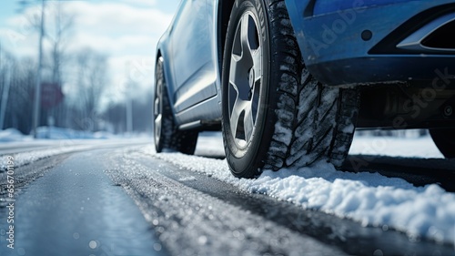 car tires equipped with specialized winter treads, gripping the snowy road surface. The image emphasizes the importance of reliable winter tires for safe driving. © lililia