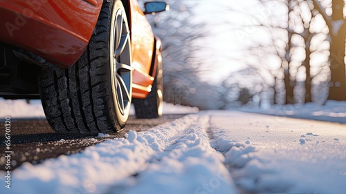 car tires equipped with specialized winter treads, gripping the snowy road surface. The image emphasizes the importance of reliable winter tires for safe driving.