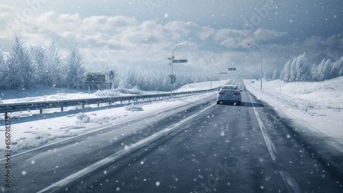 a car parked at the side of a snow-covered road. The focus should be on the winter tires, displaying their durability and effectiveness in challenging winter conditions.