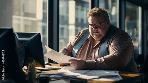big size business man, fat man note and check on financial paper at working table. photo